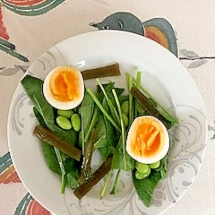 サラダほうれん草、枝豆、ゆで卵、茎わかめのサラダ